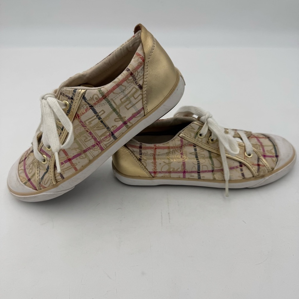 COACH Barrett Tattersall Beige Gold Shoes Flats Sneakers 7B Womens Plaid Gold